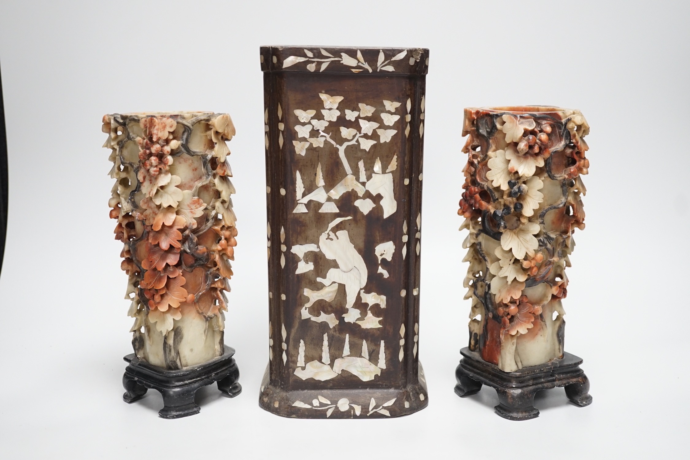 A pair of Chinese soapstone vases and a mother-of-pearl and papier mache inlaid brushpot Tallest 27cm